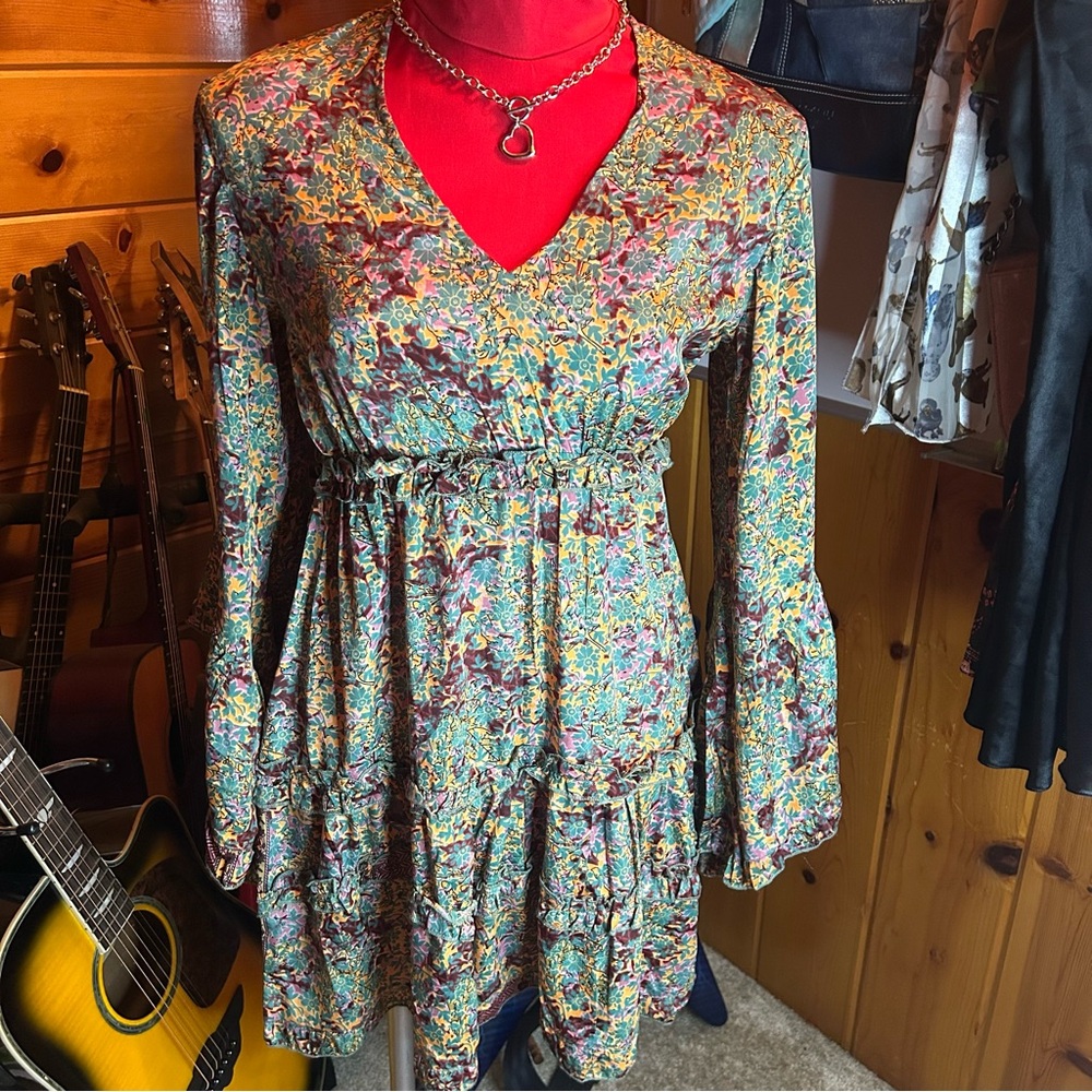 Karma Highway Floral Dress Hippie Boho Flowy Low Back Bell Sleeves Back Tie Sz S